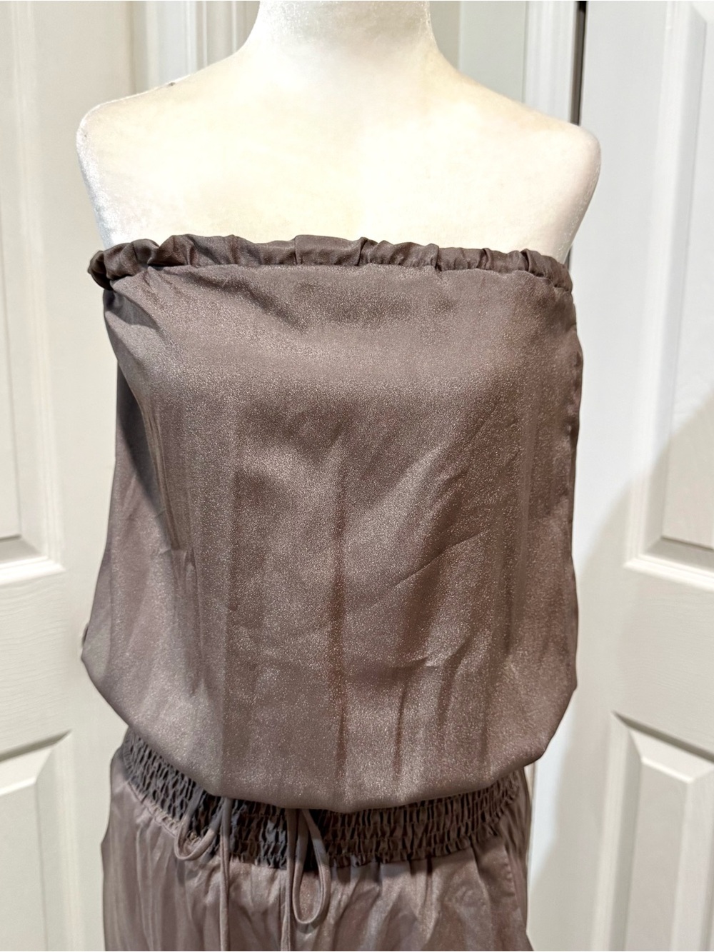 Body Central Light Gray Strapless Smocked-Waist Jumpsuit - Picture 4 of 10